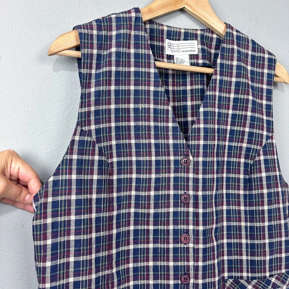 Vintage 90s Milano Design Group Vest Size L Linen Cotton Plaid Grunge‎ Academia
